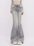 Y2K gray flare jeans front view in low-rise Korean Gyaru style