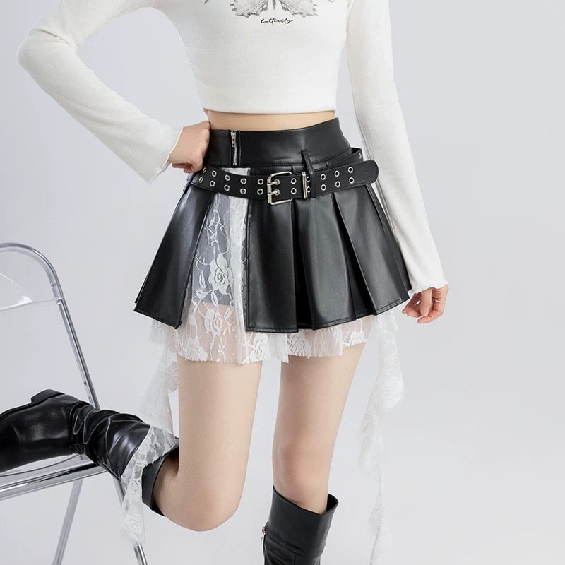 Harajuku gothic fashion lace spliced PU leather mini skirt
