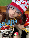 Streetwear outfit featuring the kawaii anime t-shirt styled with black shorts and leg warmers.