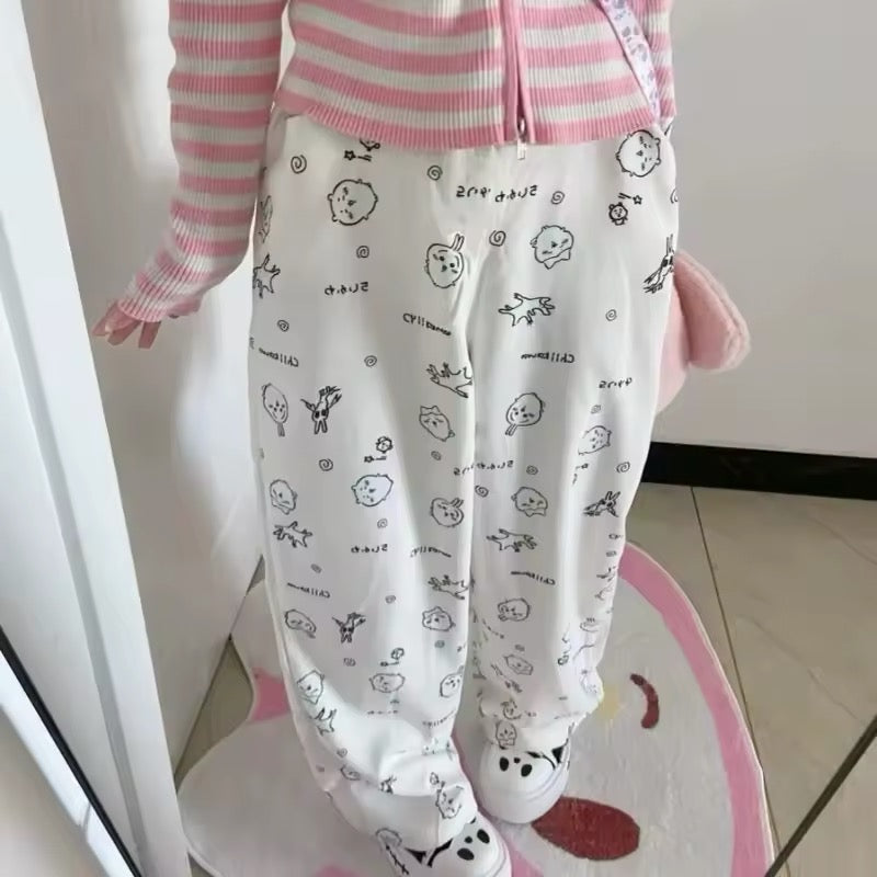 Y2K kawaii cartoon print loose pants, Japanese-style high-waist Harajuku baggy trousers, perfect for casual, home lounging, or Soft Girl aesthetic