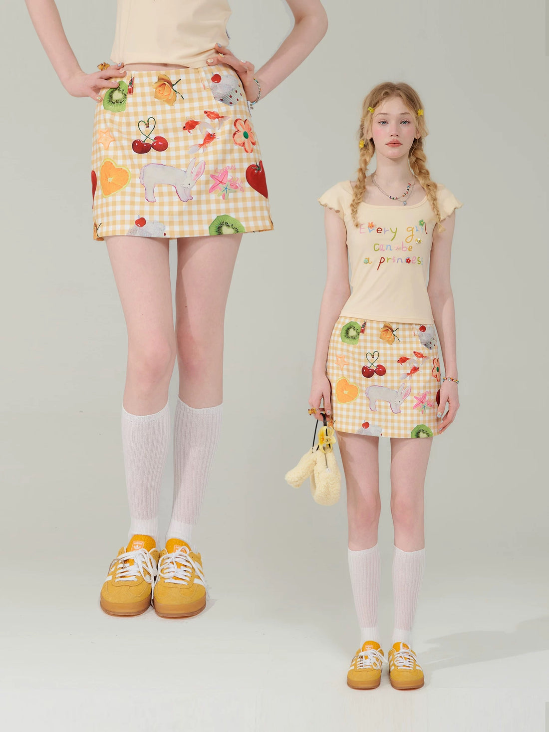 Preppy fruit mini skirt with cute Y2K plaid print in yellow and pink