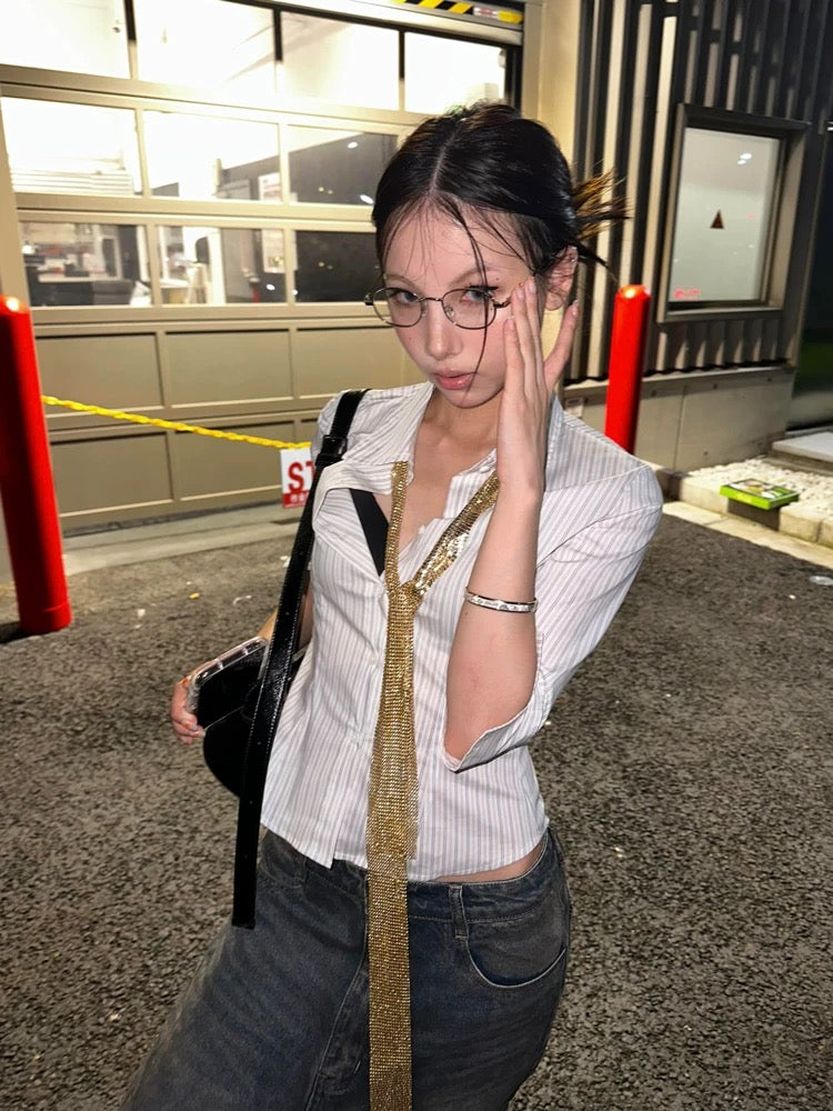 Model wearing the Y2K blouse paired with a pleated skirt, embodying college girl style