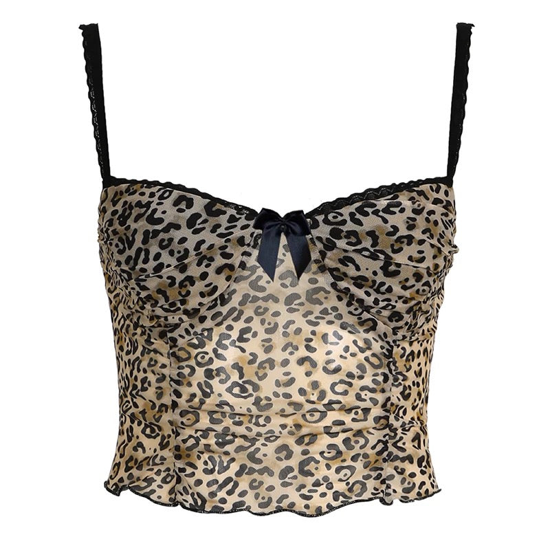 Y2K leopard print mesh top with lace and bow detail