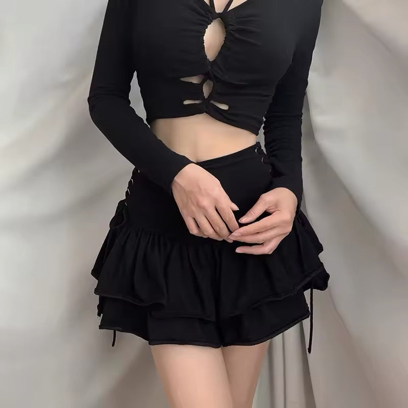 Gothic black mini skirt with lace ruffles and high waist design
