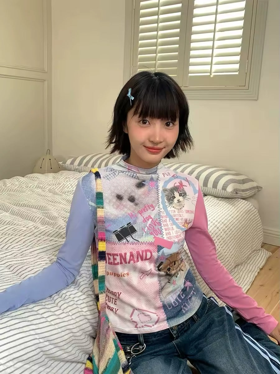 2000s aesthetic vintage patchwork long sleeve tee, soft girl dopamine fashion top, retro American Harajuku streetwear pet print slim-fit t-shirt