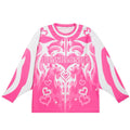 Oversized pink long sleeve shirt with tribal heart and flame graphic, perfect for Y2K aesthetic lovers.