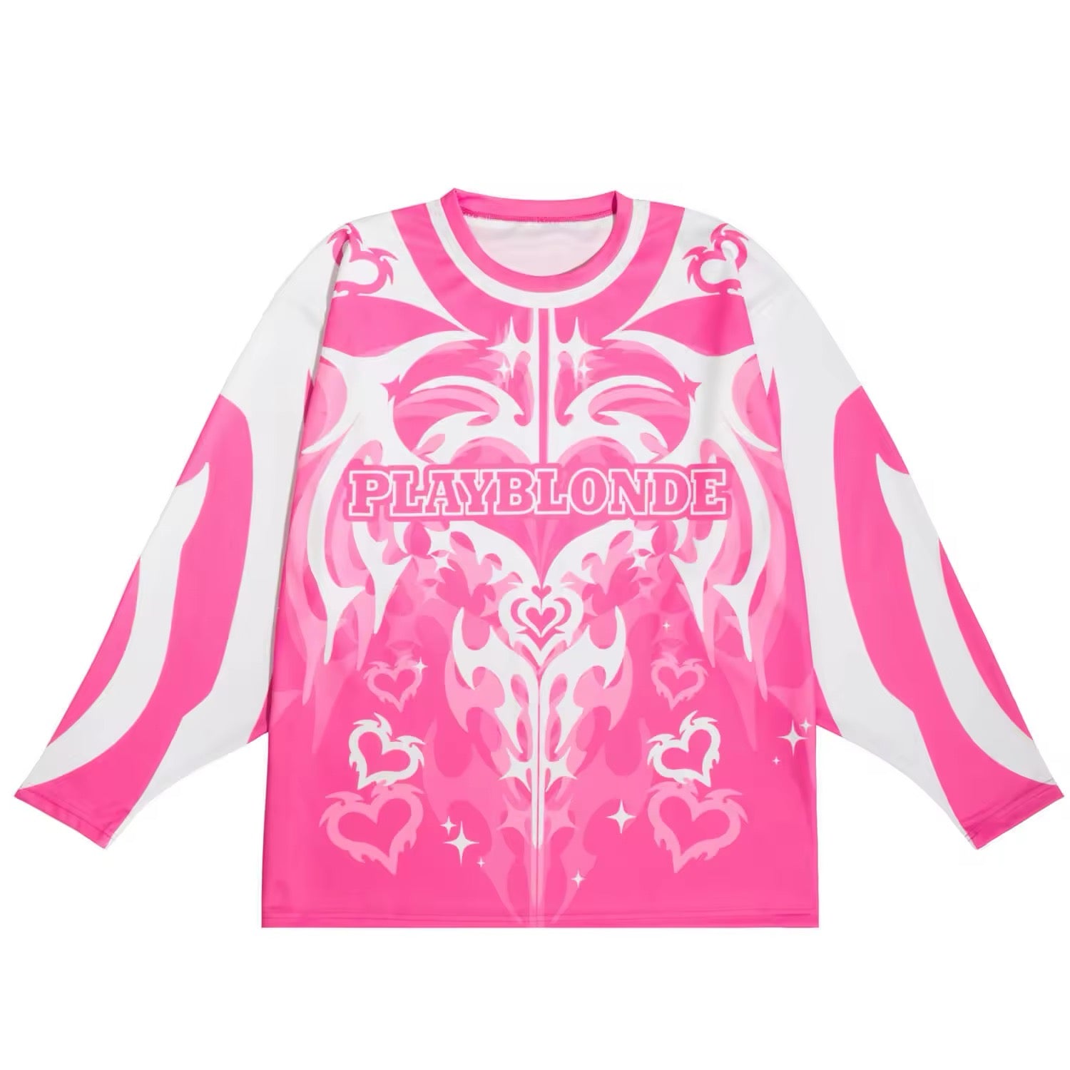 Oversized pink long sleeve shirt with tribal heart and flame graphic, perfect for Y2K aesthetic lovers.