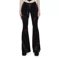 Dark aesthetic high-waisted velvet pants, gothic-style flared trousers with cross embroidery, perfect for Harajuku, Y2K, and punk grunge fashion lovers