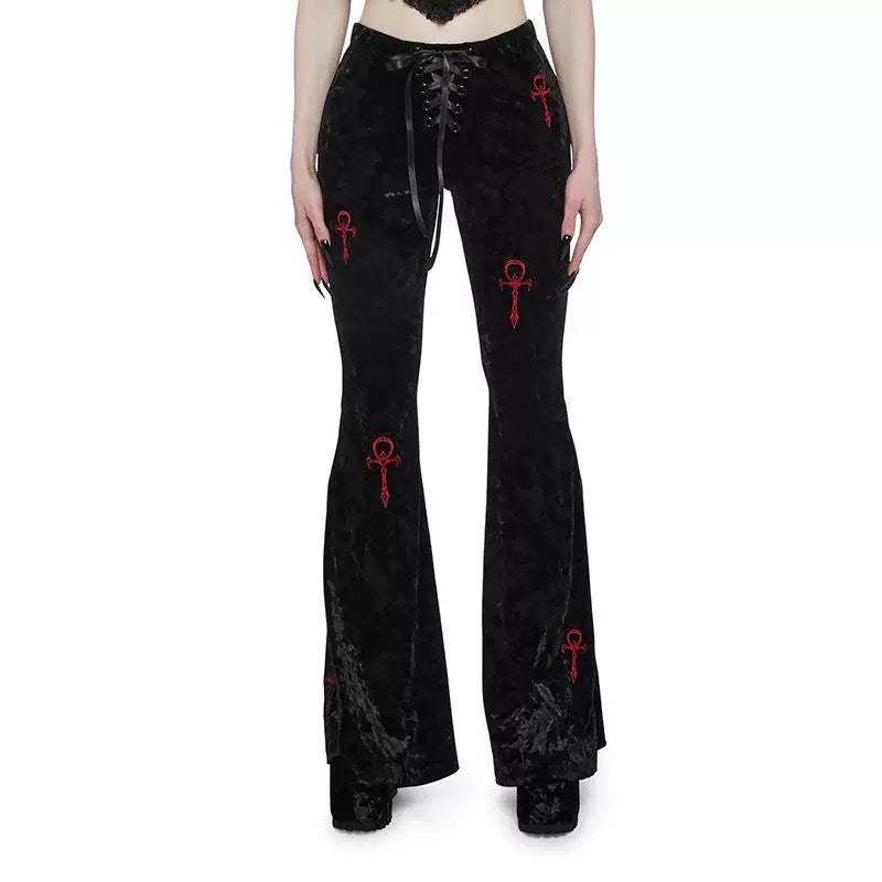 Dark aesthetic high-waisted velvet pants, gothic-style flared trousers with cross embroidery, perfect for Harajuku, Y2K, and punk grunge fashion lovers