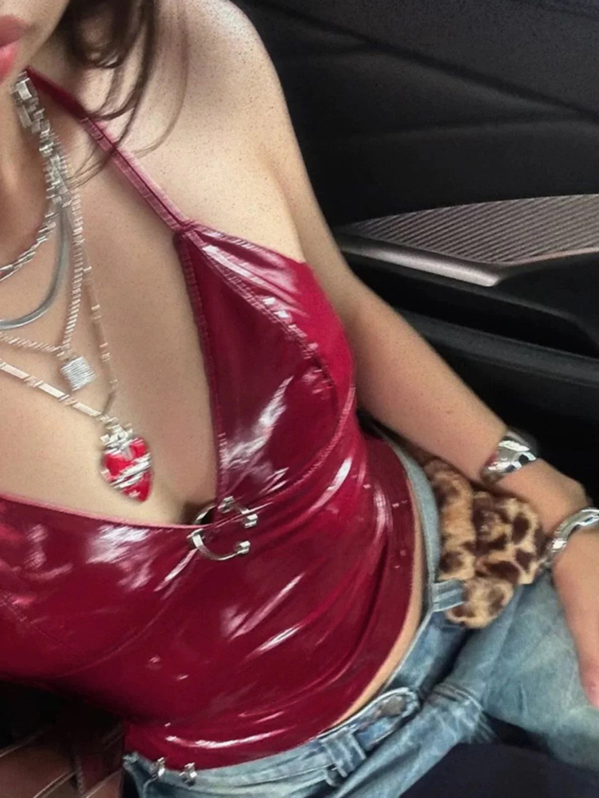 Sexy red PU leather crop top with a high-street fashion look