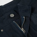Flat lay of jeans displaying front zip, waistband, and rivet pattern.