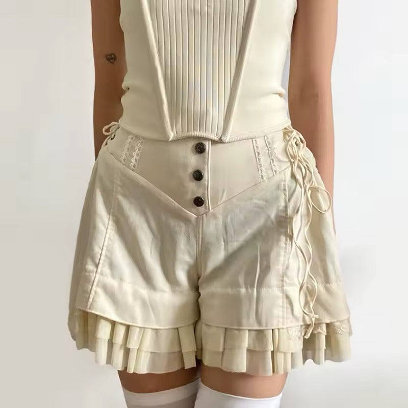 High-waisted fairycore mesh ruffle shorts in vintage khaki
