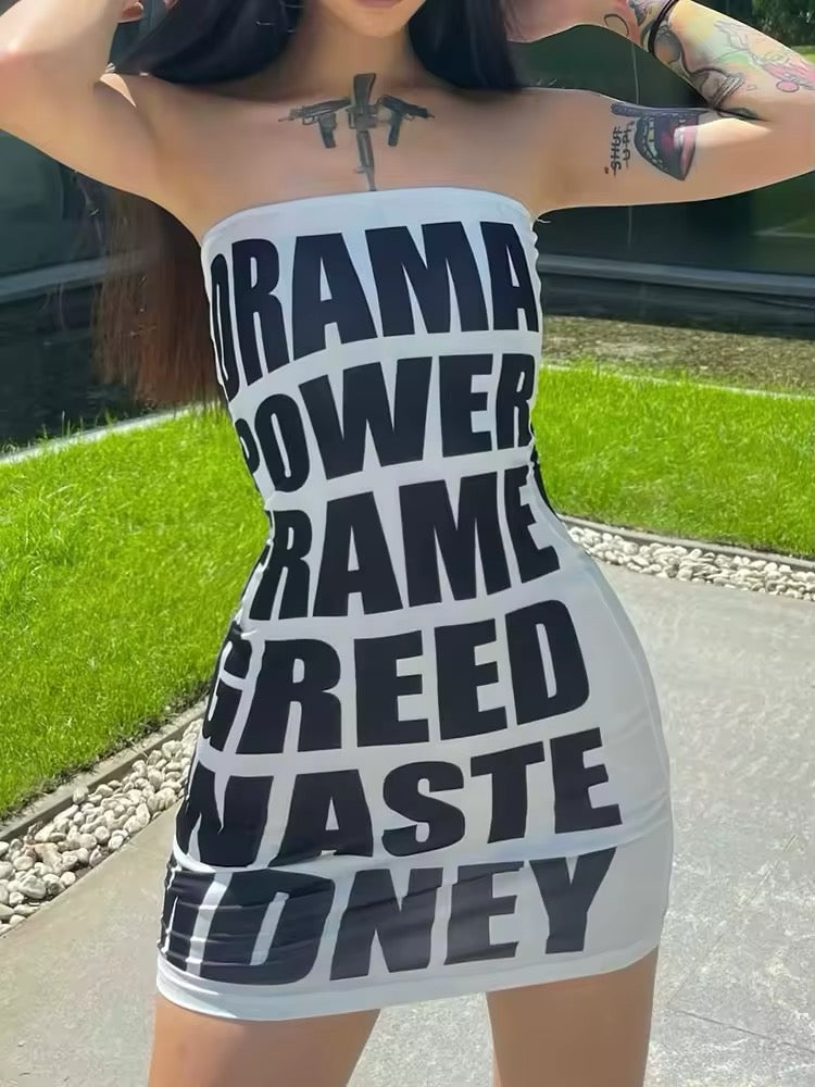 Y2K strapless tube dress with black bold slogan letter print in white