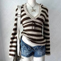 Vintage Y2K slim fit knit sweater with horizontal stripes, ideal for punk, emo, and grunge girl fall and winter fashion outfits
