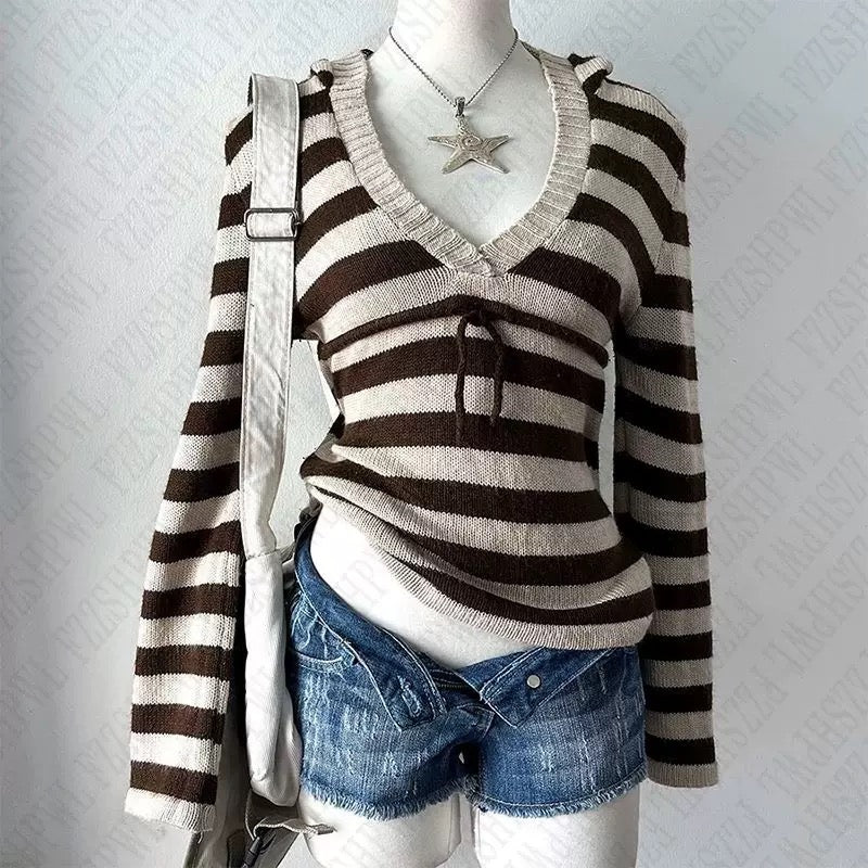 Vintage Y2K slim fit knit sweater with horizontal stripes, ideal for punk, emo, and grunge girl fall and winter fashion outfits