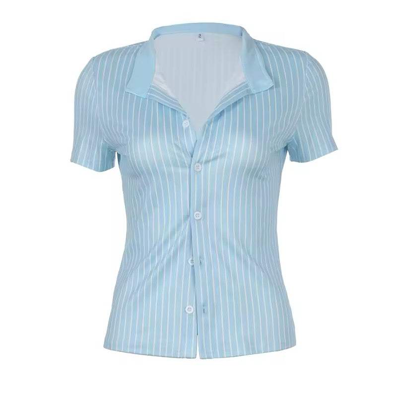 Chic blue striped button-up shirt for women with a preppy aesthetic