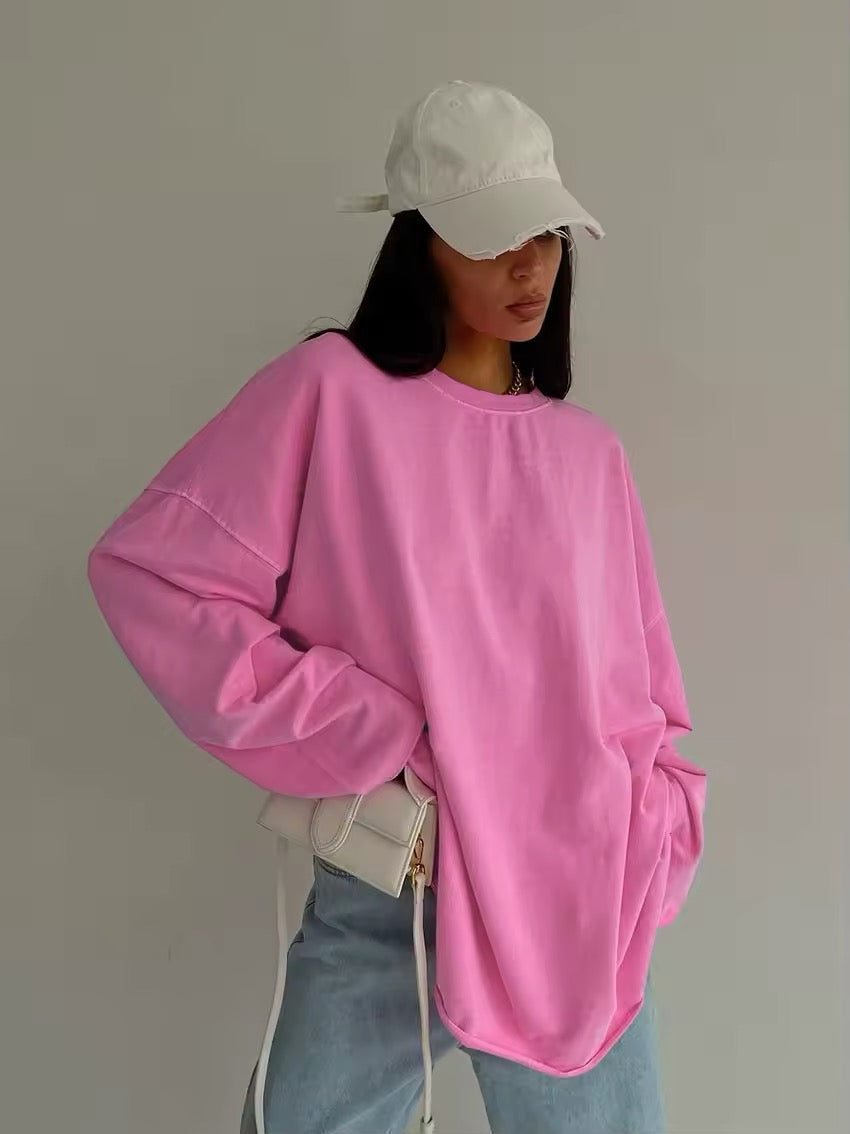 Casual cotton crewneck long sleeve tee in soft pink