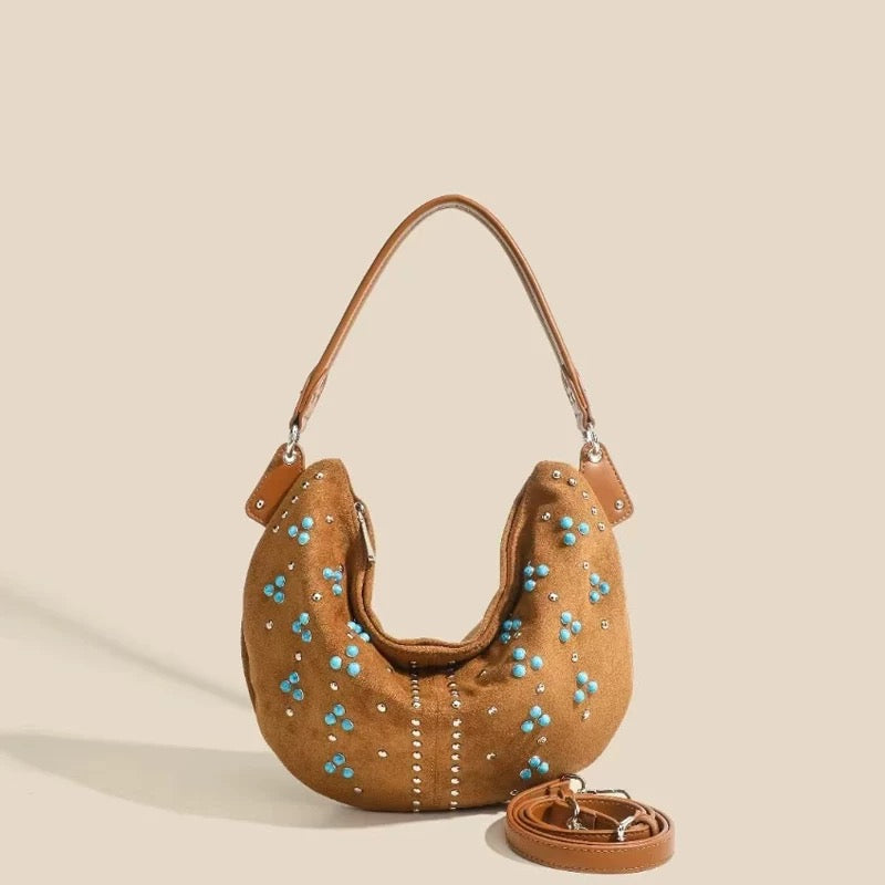 Brown tribal crossbody bag with handmade beadwork