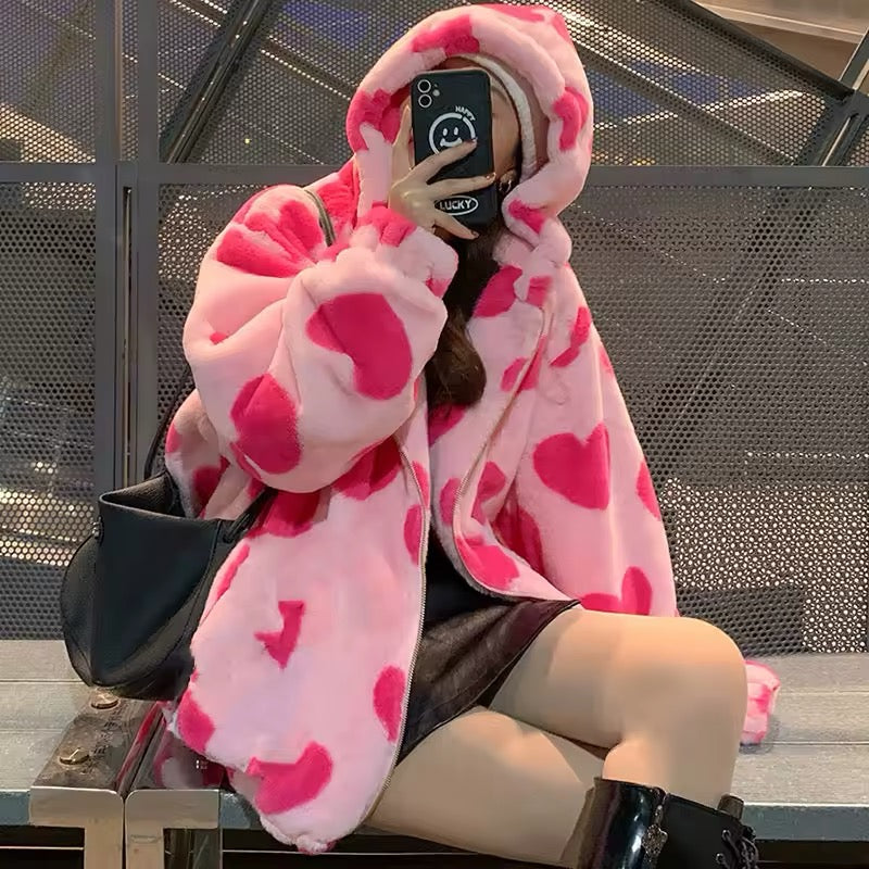 Zip-up faux rabbit fur hoodie for winter layering