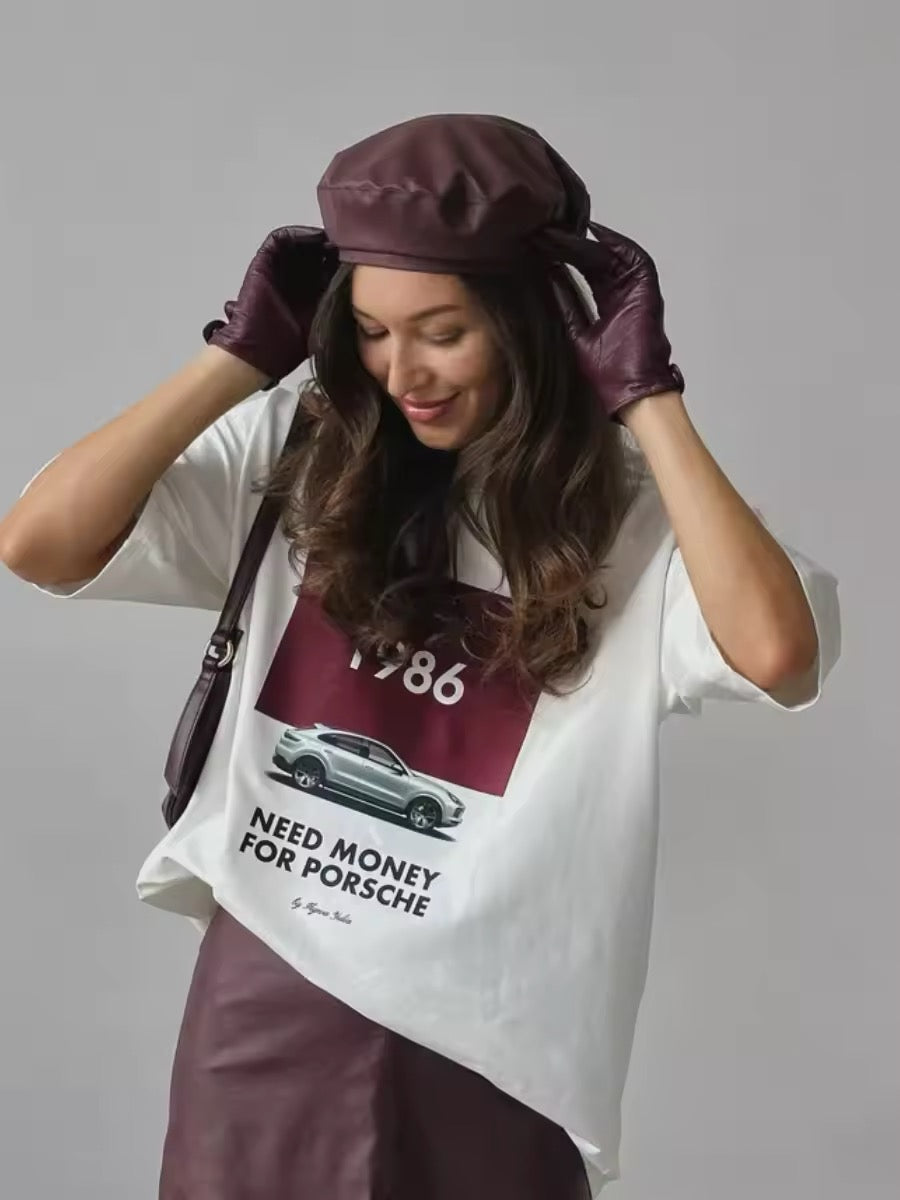 Fashionable t-shirt with burgundy Porsche square print