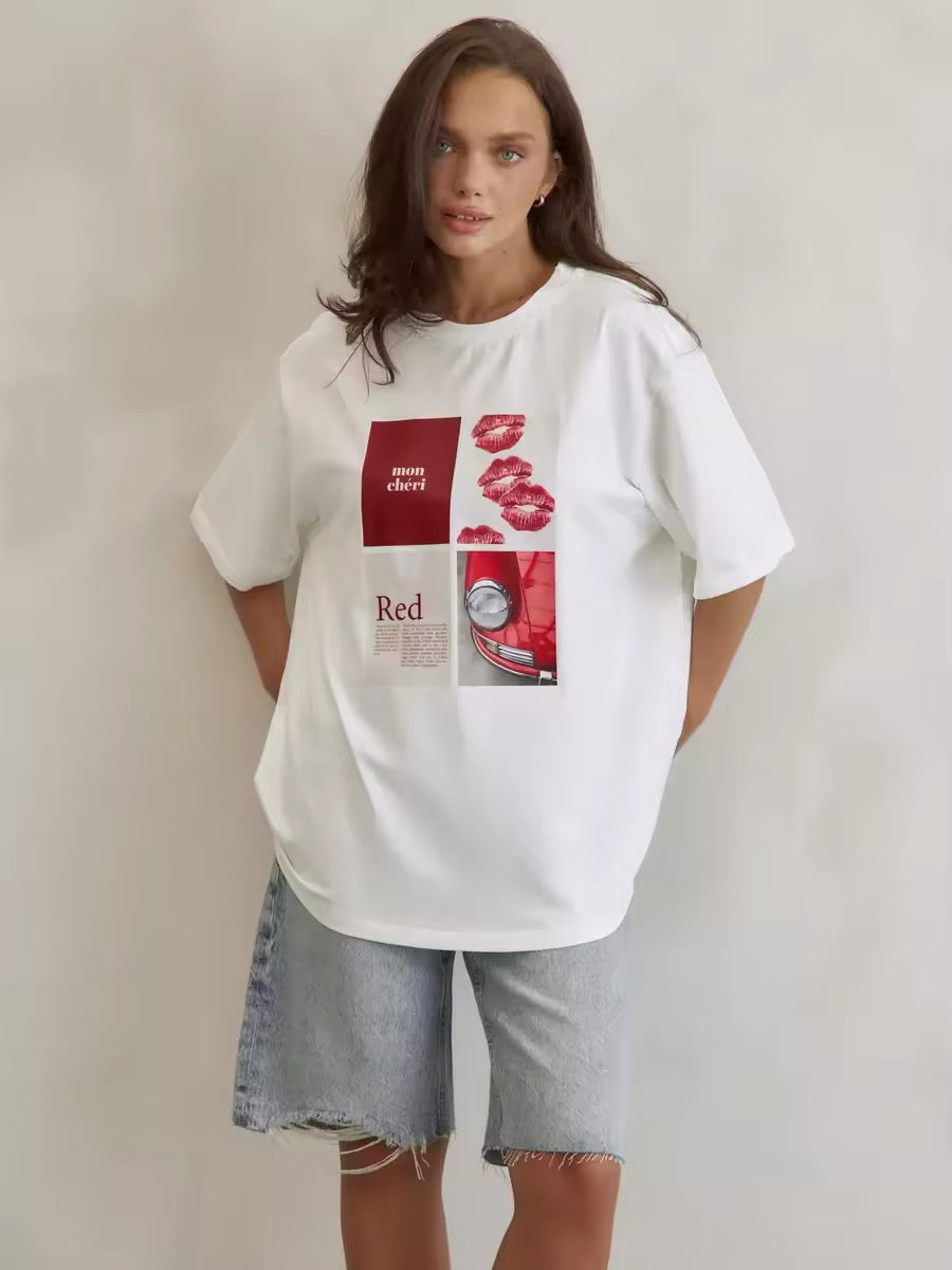 White short sleeve shirt with lipstick kisses and red car print design