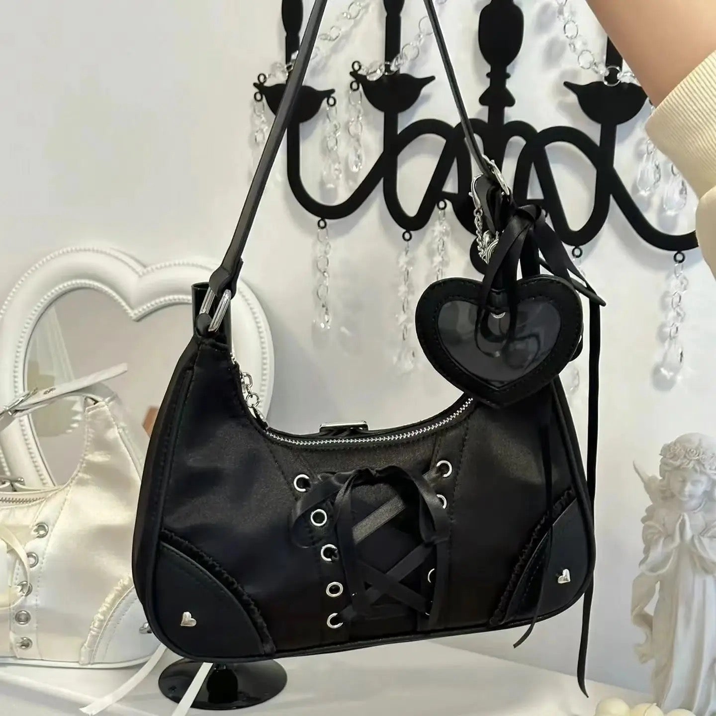 Silver kawaii ita bag styled with balletcore accessories in a romantic fairycore room for aesthetic outfits