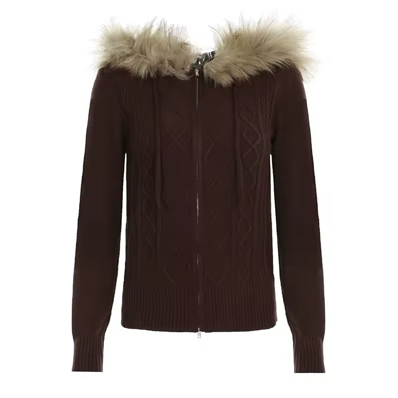 Brown knit Y2K hoodie with zip and furry hood